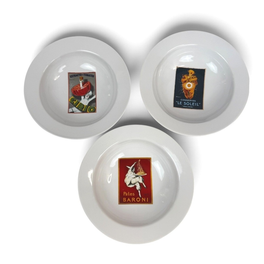 Pottery Barn Vintage Pasta Bowls Set of 3 White Ceramic Retro Food Ads